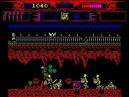 Myth: History in the Making (ZX Spectrum) screenshot: Surrounded by a group of nasty skeletons.