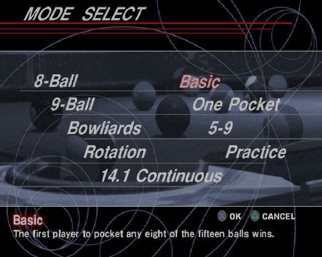 Real Pool (PlayStation 2) screenshot: There are eight variations of the game in Pocket game mode