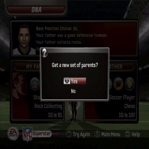 Madden NFL 06 (PlayStation 2) screenshot: The new superstar mode.<br>Creating a new player literally starts with choosing your parents and goes right through to retirement