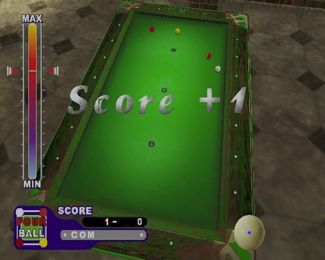 Real Pool (PlayStation 2) screenshot: Here a point has been scored in a game of Four Ball Carom<br>The power bar is controlled by the R1/R2 buttons.<br>The right joystick aims the shot.