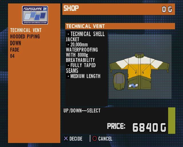 ESPN Winter X Games Snowboarding (PlayStation 2) screenshot: Buying a jacket from the shop in the lounge. Clothing is grouped by manufacturer. Real names such as FourSquare, Billabong, and Airwalk are used