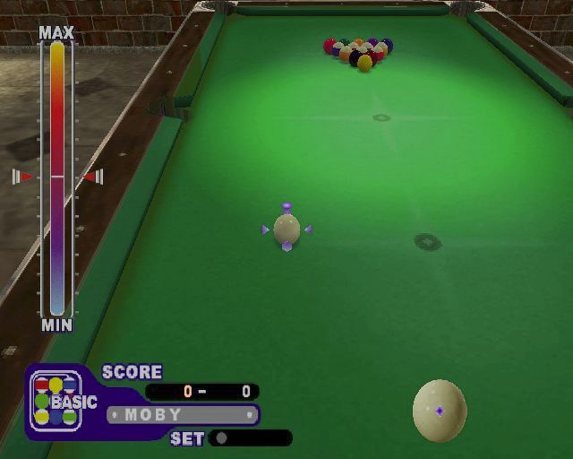Real Pool (PlayStation 2) screenshot: The start of a Basic game of Pocket Pool. The player gets to place the cue ball. The purple arrows show that it can be moved in any direction. It is positioned with the right joystick