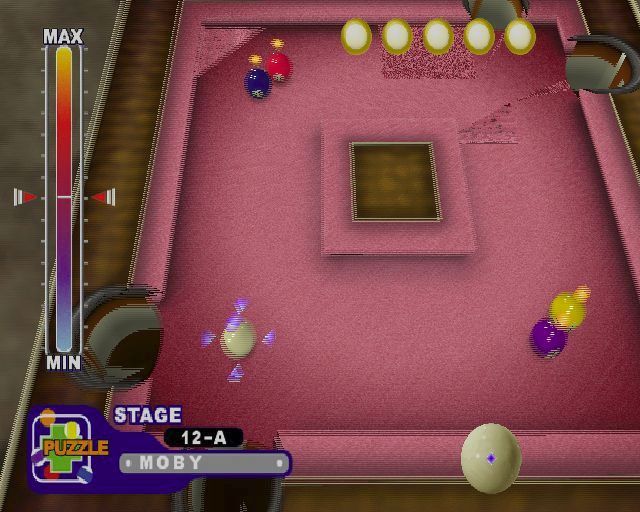 Real Pool (PlayStation 2) screenshot: Puzzle 12<br>It's a little fuzzy but the purple arrows show that the player can position the cue ball wherever they wish at the start