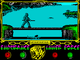 The Way of the Tiger (ZX Spectrum) screenshot: ... KAZZAMSZ!!! Don't miss the birth of JAZON in the pole fight Crystal Lake. (SOON IN A THEATRE NEXT TO YO! - Special toy promotion, Avenger + pole + Jazon)