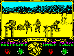 The Way of the Tiger (ZX Spectrum) screenshot: Separated from birth cradle , the twin ninja finally find each other with a heartbreaking joy, only to understand immediately after... One of them is bein manipulated by the infamous Coprolitus!!!