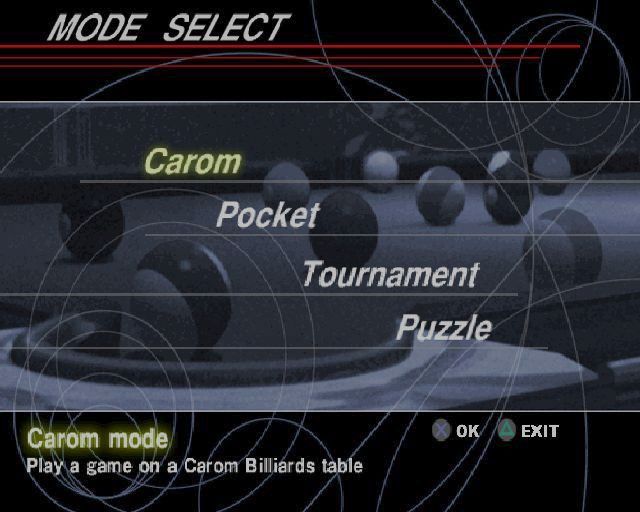 Real Pool (PlayStation 2) screenshot: This is the main menu<br>There are four different game modes. Carom, Pocket and Puzzle each lead to a screen with multiple game choices