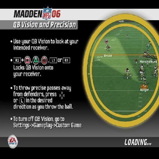 Madden NFL 06 (PlayStation 2) screenshot: This is one of the game's load screens, it's used as a way to inform the gamer about the new features