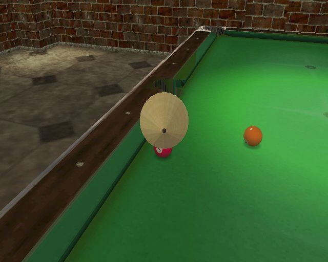 Real Pool (PlayStation 2) screenshot: The game's camera sometimes shows some odd angles. Here it's right behind the AI player's cue