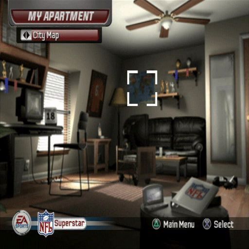 Madden NFL 06 (PlayStation 2) screenshot: The Superstar game mode<br>The player's apartment changes as their career progresses. In the apartment are key items like the map, see the next screenshot