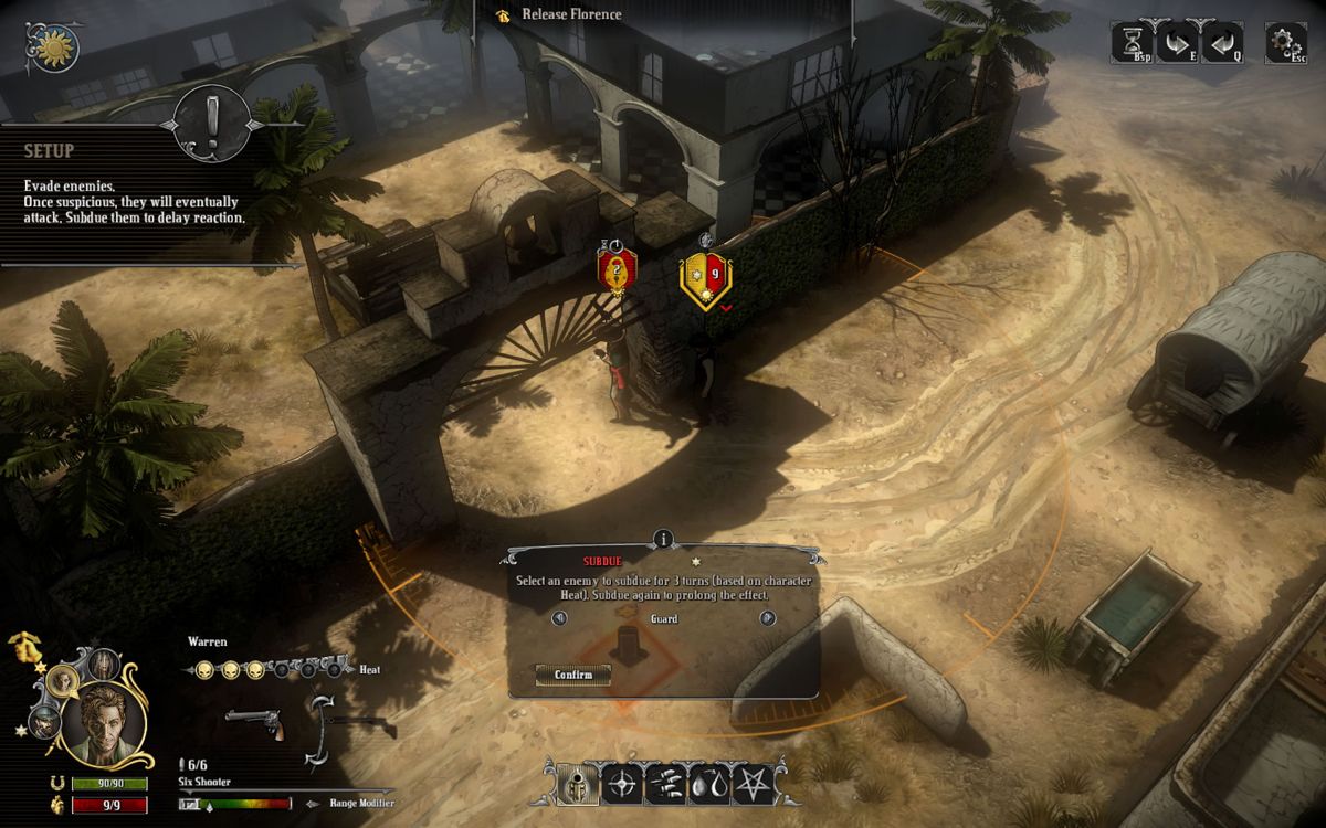 Hard West (Windows) screenshot: Confirming the action to subdue a guard.