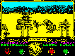 The Way of the Tiger (ZX Spectrum) screenshot: ...please maa.... he was possessed by Coprolitus!!! Maaaa.... MORE, BRING YOUR FAMILLY TO THE MOVIES AND GET A FREE MUM WITH KITCHEN PANS!!! PAZZOW!!!