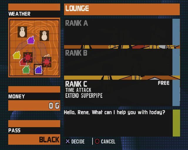 ESPN Winter X Games Snowboarding (PlayStation 2) screenshot: A dialogue screen with the chap in the lounge area concerning competitions