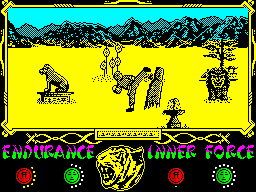 The Way of the Tiger (ZX Spectrum) screenshot: Thiz should be ze work of the tyranuus Coprolituuus!