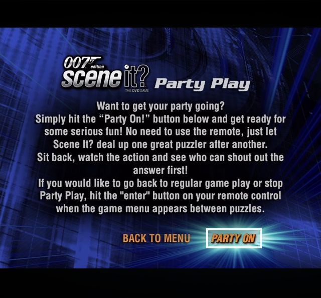 Scene It? 007 Edition (DVD Player) screenshot: Scene It Party Play<br>This screen explains the game