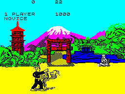 Kung-Fu: The Way of the Exploding Fist (ZX Spectrum) screenshot: high punch (E) / just let yourself down | smell this! NOO!!