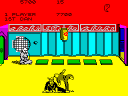 Kung-Fu: The Way of the Exploding Fist (ZX Spectrum) screenshot: forward sweep (1 + X) / rotating kick (space + K)