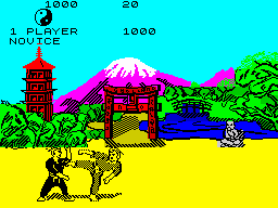 Kung-Fu: The Way of the Exploding Fist (ZX Spectrum) screenshot: defence (A) / mid kick (space + H) | Ya know your capsules are goin' to suffer a bit don't ya?