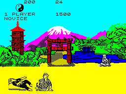 Kung-Fu: The Way of the Exploding Fist (ZX Spectrum) screenshot: illusion trick / forward sweep (space + N) | In reality they're telling jokes each other