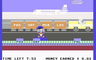 Donald Duck's Playground (Commodore 64) screenshot: Working at the airport. I need to put the packages in the correct trailers...