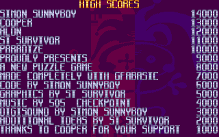 Penta (Atari ST) screenshot: High-score table