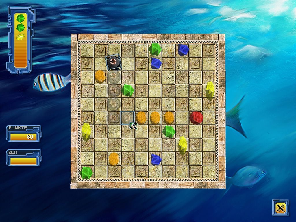 Magische Kristalle (Windows) screenshot: Using the bomb, you can blow up all same colored crystals once a row is completed with it - here it would be all orange crystals