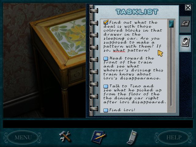Nancy Drew: Last Train to Blue Moon Canyon (Windows) screenshot: Juniors have a check-off list in Nancy's Journal.