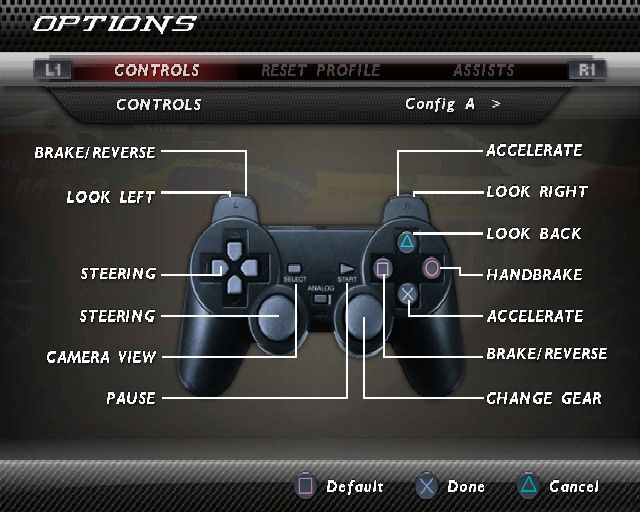 Ferrari Challenge: Trofeo Pirelli (PlayStation 2) screenshot: The Options tab on the main menu allows the player to choose the game assists and their controller setup, There are seven setups covering controllers and steering wheel/pedal setups