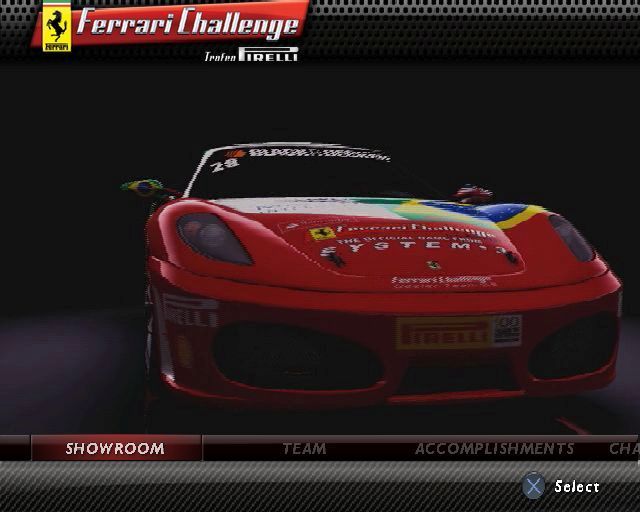 Ferrari Challenge: Trofeo Pirelli (PlayStation 2) screenshot: The game's main menu. before they player can get to this screen they must create or load an existing profile.<br>Left/Right on the D-Pad moves cycles through the options