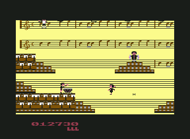 Amadeus Revenge (Commodore 64) screenshot: Men with percussion instruments are trying to prevent you from reaching the top...