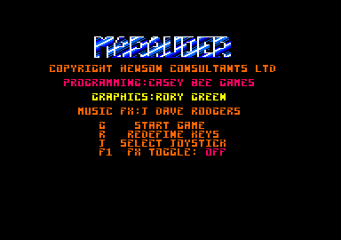 Marauder (Amstrad CPC) screenshot: Main menu and credits