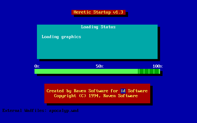 Magic & Mayhem for Heretic (DOS) screenshot: Loading the biggest WAD included: APOCALYP.WAD