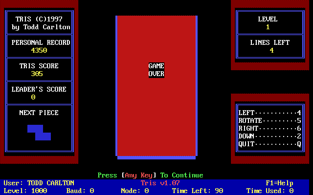 Tris (DOS) screenshot: Game over!