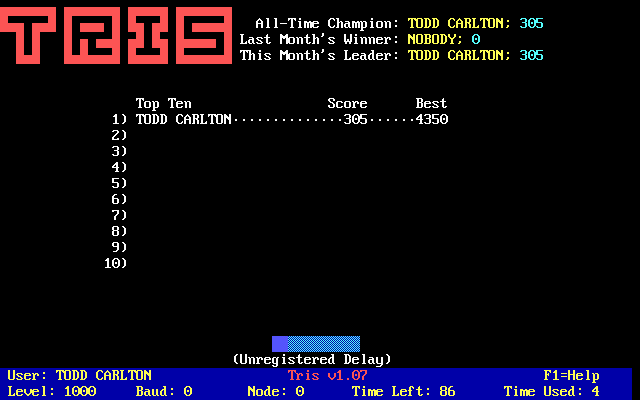 Tris (DOS) screenshot: High score table... and unregistered delay.
