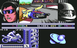500cc Motomanager (Commodore 64) screenshot: Comment on "Slides out of track"...