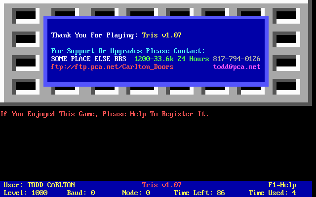 Tris (DOS) screenshot: One final opportunity for a nag screen!