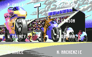 500cc Motomanager (Commodore 64) screenshot: Start of the race and Positions of the racers