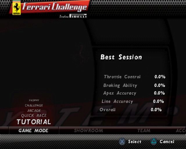Ferrari Challenge: Trofeo Pirelli (PlayStation 2) screenshot: There are Tutorial, Quick Race, Challenge, Trophy, and Time trial game modes.