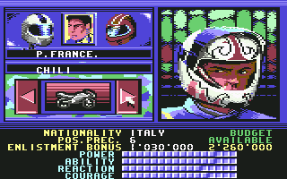 500cc Motomanager (Commodore 64) screenshot: Selecting the racer
