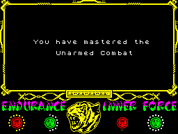 The Way of the Tiger (ZX Spectrum) screenshot: level 1 finished - you have mastered the unarmed combat