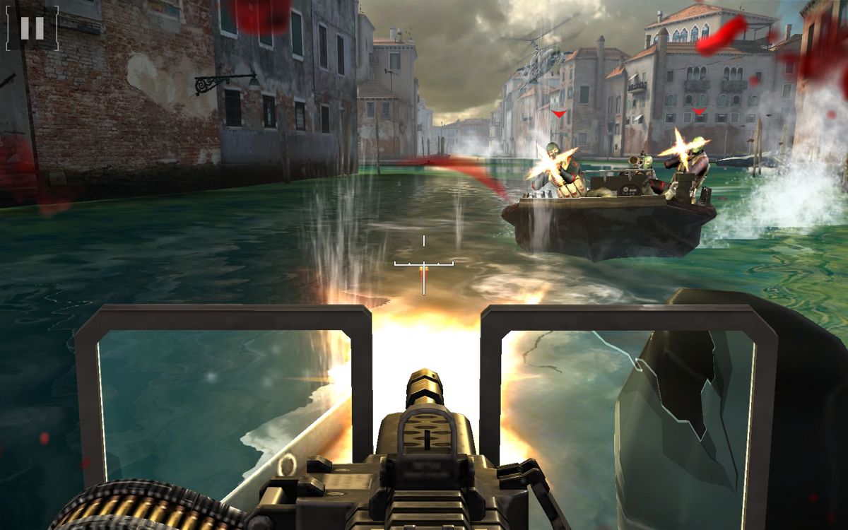 Modern Combat 5: Blackout (Windows Apps) screenshot: Chased by boat on the rivers of Venice.