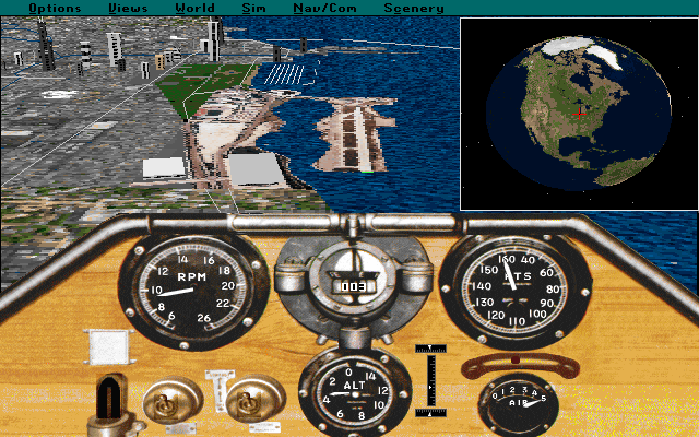 Microsoft Flight Simulator (v5.0) (DOS) screenshot: Sopwith Camel Cockpit and Map View