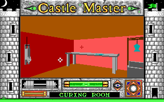 Castle Master (DOS) screenshot: The curing room contains some delicious fish (right) and an inedible animal on the rack to the left. (EGA)