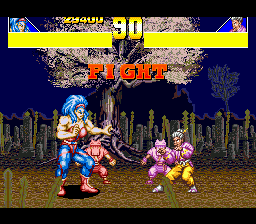Power Instinct (Genesis) screenshot: Fighting a pesky old woman. Thunder and lightning scare you