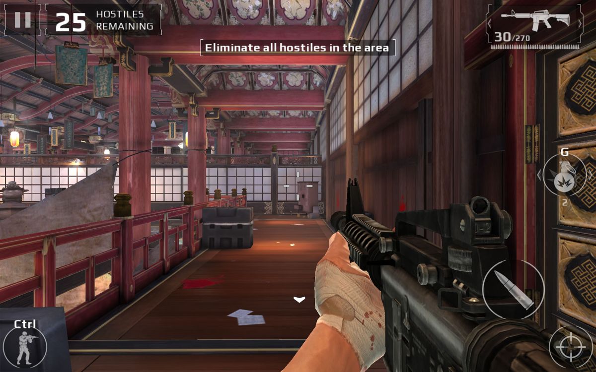 Modern Combat 5: Blackout (Windows Apps) screenshot: A game in the assault mode set inside a temple.
