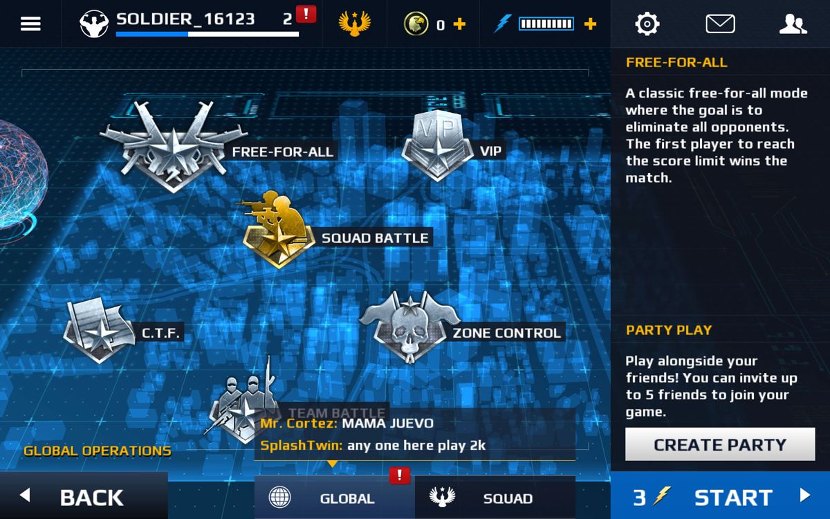 Modern Combat 5: Blackout (Windows Apps) screenshot: Main menu with the possible game modes