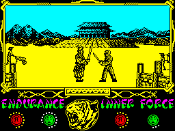 The Way of the Tiger (ZX Spectrum) screenshot: (Intermission) (SPECIAL PRICE, CALL FOR FAMILIAR THERAPY, FREE OF CHARGES THE 1ST SESSION) - Zooooo.... you're that rag's brotherr... (Morricone sundtrack)