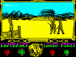 The Way of the Tiger (ZX Spectrum) screenshot: The other one waking up without his brother at his side, realizing what happened, grabbed his lunch box and took quest to find him. Many enemies confronted him, but the Avenger was bloodthirsty!