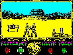 The Way of the Tiger (ZX Spectrum) screenshot: (a grown man would burst in tears seeing these two brothers kissing each other reuniting with joy) - Brother! I'll avenge our family after all the bad I've done to us! (CALL 123 - PRIVACY SECURED)