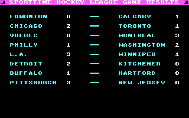 Superstar Ice Hockey (DOS) screenshot: After each game other game results are displayed as well as your own (CGA).