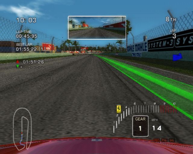 Ferrari Challenge: Trofeo Pirelli (PlayStation 2) screenshot: Racing a qualifier at Homestead, one of the US circuits and showing an alternate camera angle